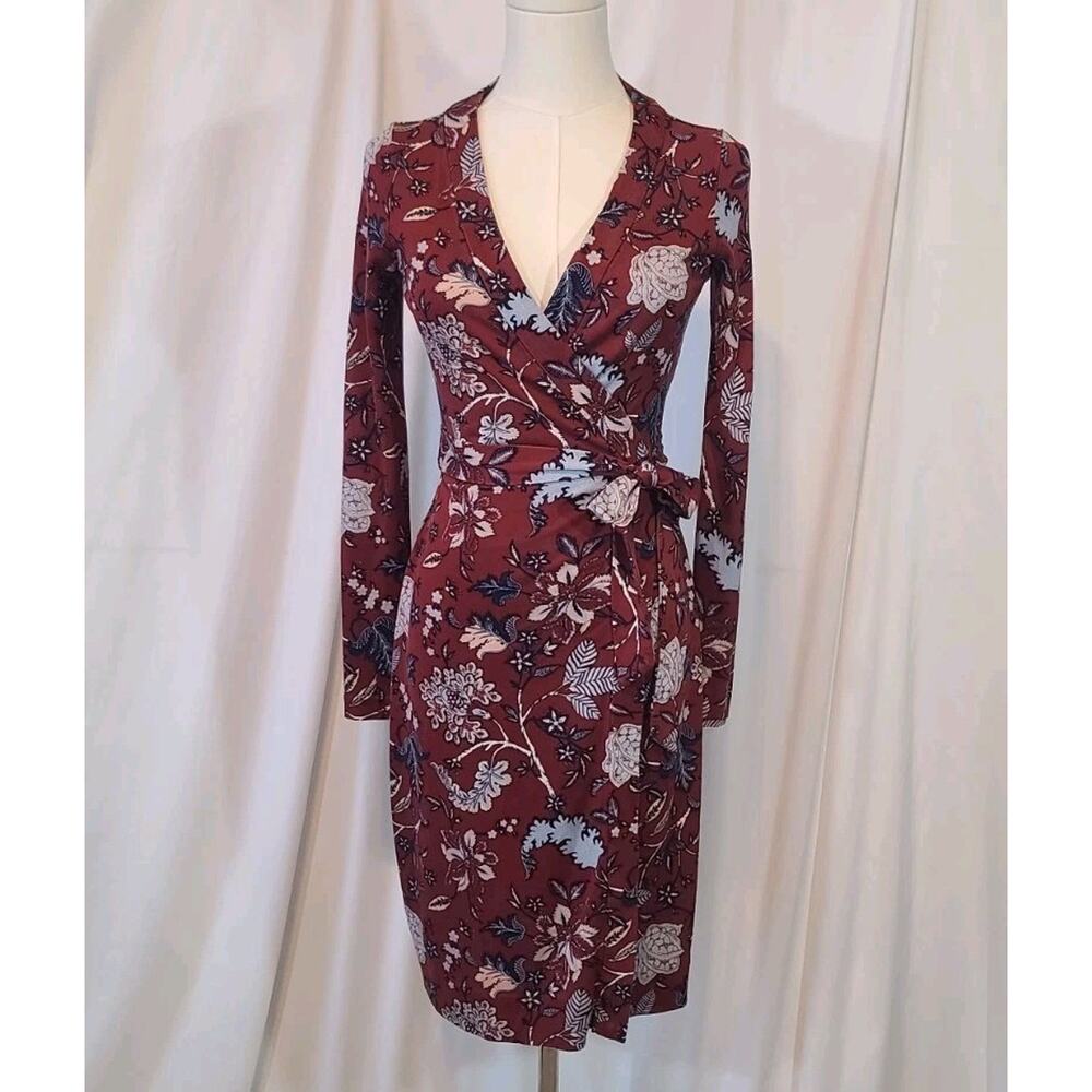 Diane Von Furstenberg Womens Burgundy Floral Print Julian Wrap Dress US 0